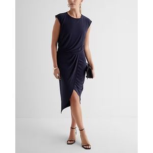 Express Crew Neck Cap Sleeve Ruched Draped Midi Sheath Dress NWT
